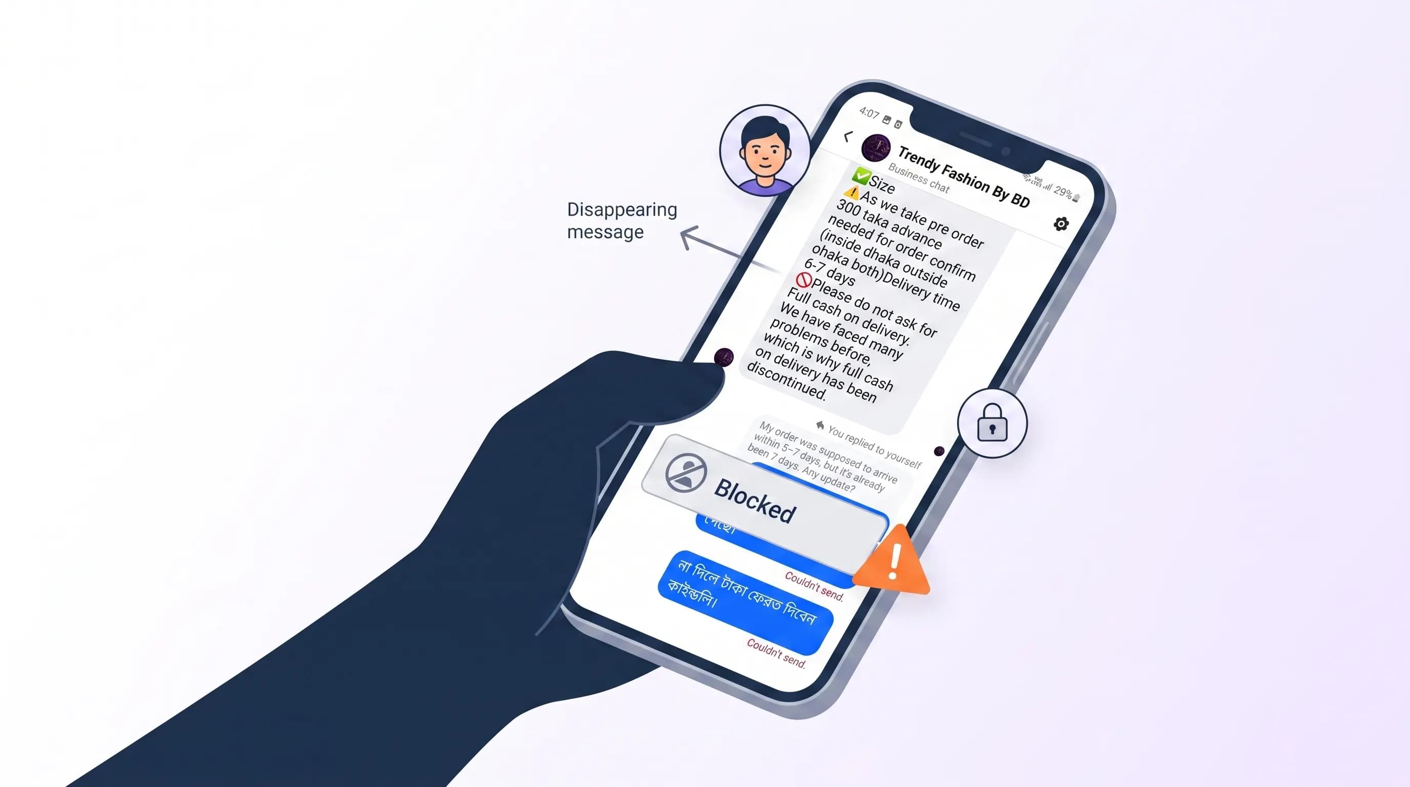 Blocked after advance payment scam pattern on smartphone messaging app in Bangladesh
